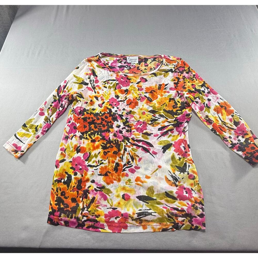 Lynn Ritchie Silver Women’s Large Floral Top 3/4 Sleeve Multicolor Knit